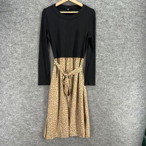 Zattcas Dress Women M Medium Black Animal Print Sheath Midi Belted Rayon Casual